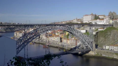 View of the iron bridge structure with the city of Porto in the background. Stock Footage 327624779