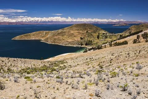 View from Isla del Sol (Island of the Sun), across Lake Titicaca towards Stock Photos