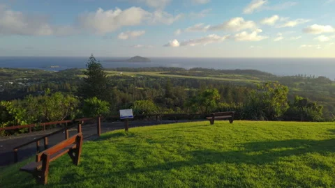 View of island at sunset from Mount Pitt, Norfolk Island, Australia Stock Footage 147962622