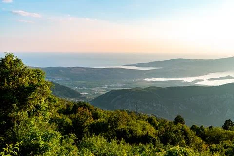 View of the islands of Montenegro framed at sunset Stock Photos