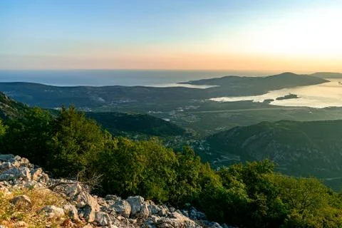 View of the islands of Montenegro at sunset Stock Photos