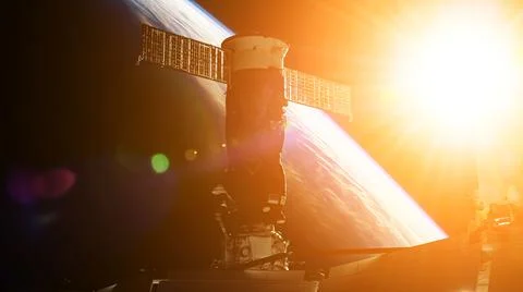 View on ISS Progress resupply ship, View out from a passenger window on the Stockfoto's