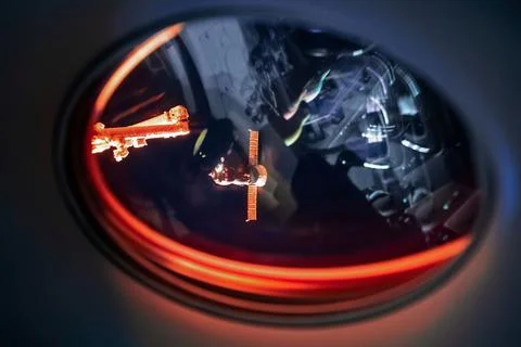 View on ISS Progress resupply ship, View out from a passenger window on the Stock Photos