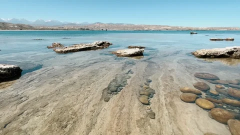 View of Issyk-Kul mountain lake, Kyrgyzstan. Stock Footage 253276080