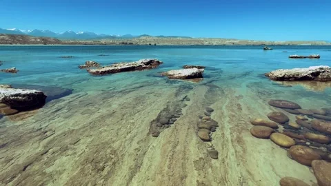 View of Issyk-Kul mountain lake, Kyrgyzstan. Stock Footage 253276287