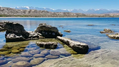 View of Issyk-Kul mountain lake, Kyrgyzstan.  Stock Footage 253873868