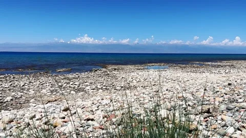 View of Issyk-Kul mountain lake, Kyrgyzstan.  Stock Footage 255816867