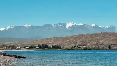 View of Issyk-Kul mountain lake, Kyrgyzstan.  Stock Footage 260285240