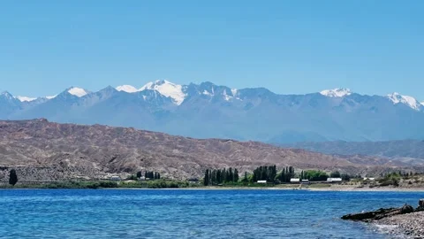 View of Issyk-Kul mountain lake, Kyrgyzstan.  Stock Footage 260285444
