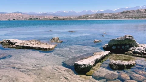 View of Issyk-Kul mountain lake, Kyrgyzstan.  Stock Footage 272734440