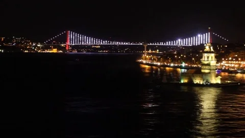 View of Istanbul with a bridge in the background at night Stock Footage 78544274