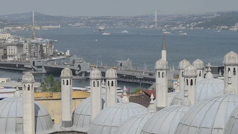 View of Istanbul over domed rooftops towards Galata bridge and Bosphorus Stock Footage 90706807