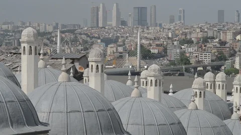View of Istanbul over domed rooftops towards Haliç, Beyoğlu and Karaköy Stock Footage 90707893