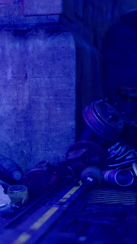 View of items and materials in a dark space with blue light at night Stock Footage 339506177