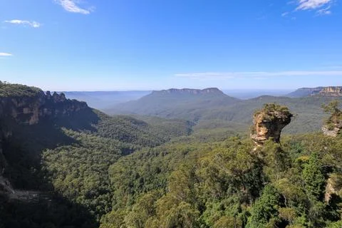 View of Jamison Valley featuring the Three Sisters and Orphan Rock Stock Photos