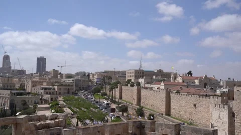 View of Jerusalem Old City Walls and Historic Skyline Israel Stock Footage 337185921