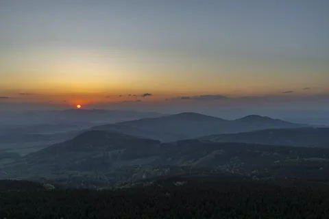 View from Jested hill on spring fresh landscape with color sunset Stock Photos