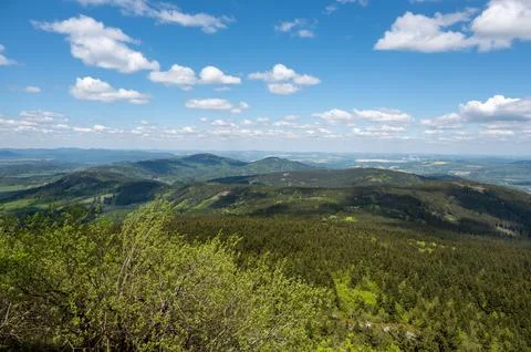 View from Jested mountain with the stone formation Virive kameny in the for.. Stock-Fotos