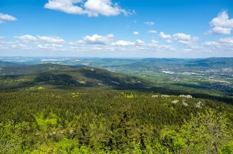 View from Jested mountain with the stone formation Virive kameny in the for.. Stock Photos