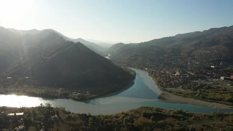 View from Jvari Monastery on confluence of the Aragvi and Kura rivers. Stock Footage 123987787