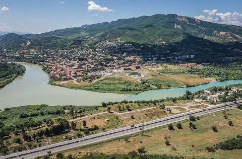 View from Jvari Monastery on Jvari Mount on Mtskheta historic town, Georgia Stock Photos