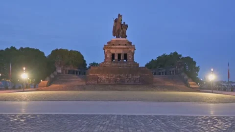 View of The Kaiser Wilhelm Statue in Koblenz at Dusk, Germany Stock Footage 318733924