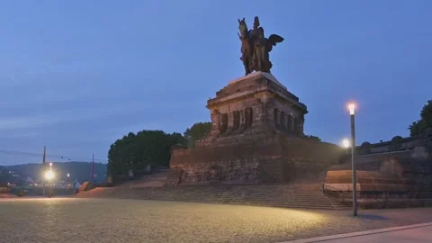 View of The Kaiser Wilhelm Statue in Koblenz at Dusk, Germany Stock Footage 318733960