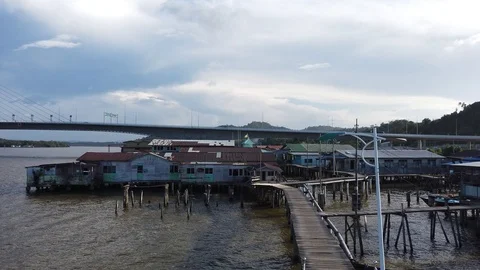 View of Kampung Ayer and Sungai Kebun Bridge Stock Footage 101092196