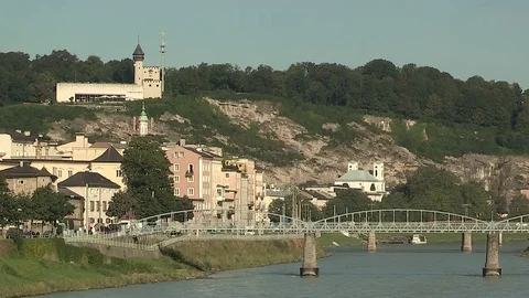 View from the Karoline-Bridge to the Old Town, Salzburg Video stock 82372978
