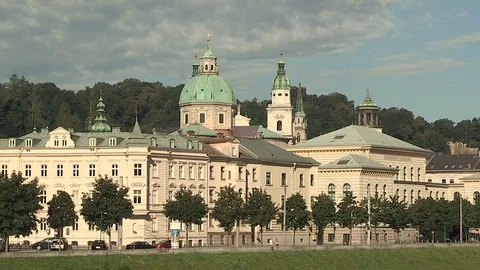 View from the Karoline-Bridge to the Old Town, Salzburg Stock Footage 82372993