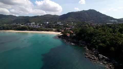 View of Karon beach, rocks and coral reef, turquoise clear water, coastline Stock Footage 244939135