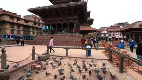 View of Kathmandu Durbar Square with pigeons and people, Nepal. Vídeo Stock 335469961