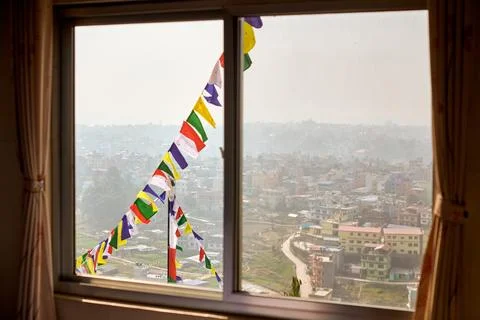 View of Kathmandu from hotel window through urban haze with lot of low rise.. Stock Photos