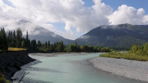 View of the Katun River in summer, Altai, Russia Stock Footage 315872269