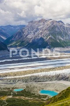 View of Kennicott Glacier and adjacent mountains in Wrangell-St. Elias National Stock Photos
