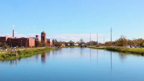 View of the King Mill and Augusta Canal on a sunny day Stock Footage 143665840