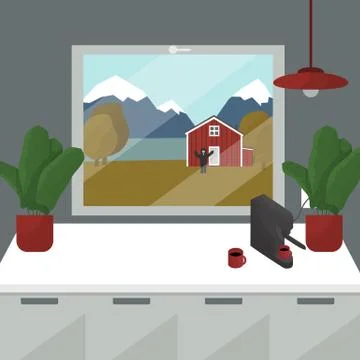 View from the kitchen window with pendant lamp, home plant, a coffee machine Stock Illustration