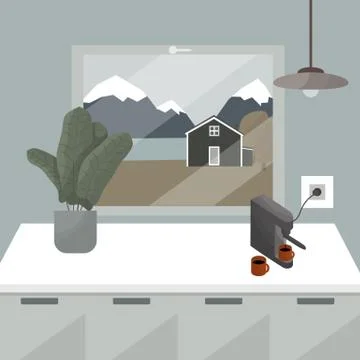 View from the kitchen window with pendant lamp, home plant, a coffee machine Stock Illustration