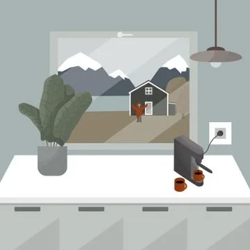 View from the kitchen window with pendant lamp, home plant, a coffee machine Stock Illustration