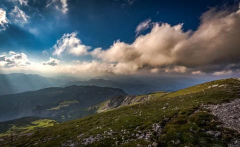 View from Klosterwappen on Puchberg valley with dramatic cloudy sky Stock Photos
