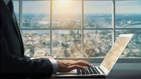 View of Koln Cologne Germany.Close up hand Businessman using laptop Stock Footage 85051733