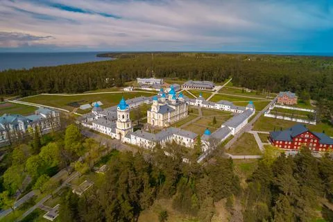 View of the Konevetsky Nativity-Theotokos Monastery from a bird's-eye view. Stock Photos