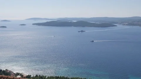 View of Korcula and Adriatic Sea from Panorama Cafe and church, Dalmatia, Stock Footage