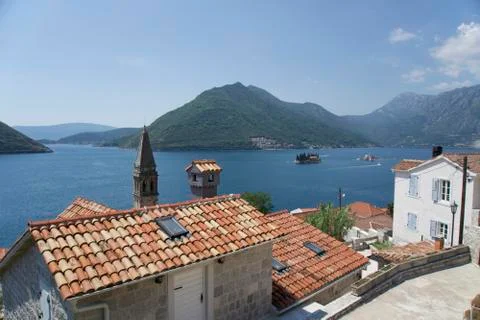 View to the Kotor bay from the Perast town Stock Photos