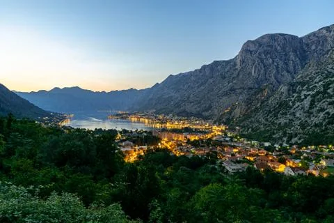 A view of kotor at sunset with a great mountain panorama Stock Photos