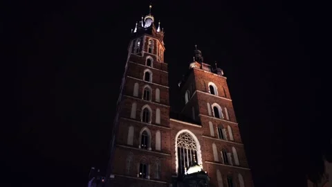 View of Krakow at night and St. Mary's Church Stock Footage 145165594
