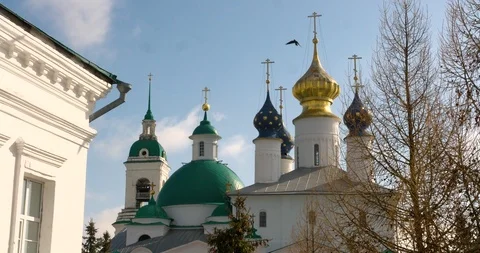 View of Kremlin and Cathedral in the town of Rostov, Russia Stock Footage 87722234
