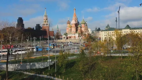 A view of the Kremlin and Saint Basil's Cathedral in Moscow Stock Footage 93194156