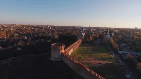View of the Kremlin Wall at Sunset  Copter Shooting Stock Footage 69859641