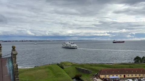 View from Kronborg Castle tower in Helsingor across Oresund strait Stock Footage 320615973